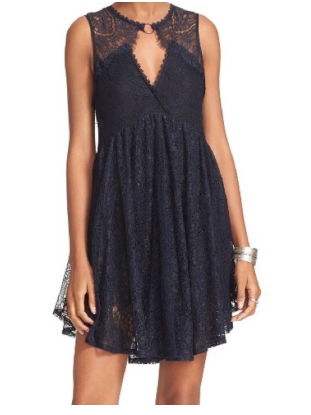 Free People Black & Blue Lace Shift Dress with Geometric Cutouts
